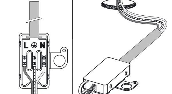 Ilustracja przedstawia schemat podłączania przewodów do kostki elektrycznej z oznaczeniami L, N i symbolem uziemienia.