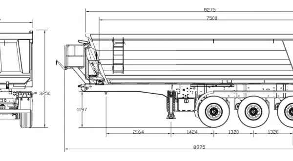 Plan technique d'une semi-remorque benne, montrant sa largeur de 2507 mm et d'autres dimensions essentielles.
