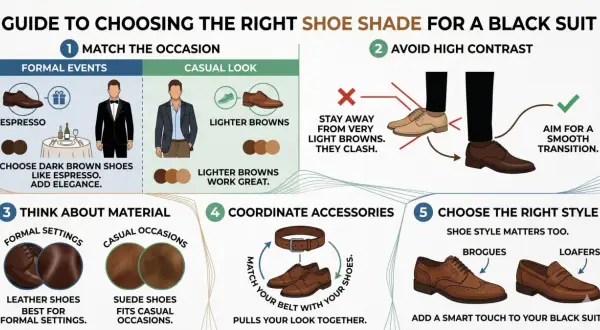 Schwarzer Anzug mit braunen Schuhen: Espresso-braune Schuhe für formelle Anlässe, hellere Brauntöne für lässige Looks. Leder für Eleganz, Wildleder für Freizeit.