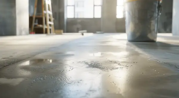 Sol fraîchement préparé pour un ragréage étanche. Un seau et une échelle sont visibles en arrière-plan.