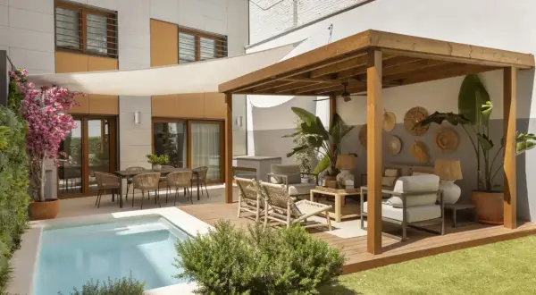 Un oasis moderno con mini piscinas en patios pequeños. Disfruta de un área de descanso bajo pérgola, comedor exterior y césped artificial.