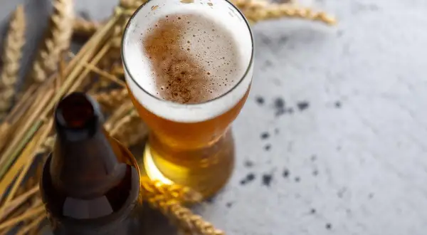 Boccale di birra dorata con schiuma abbondante, accanto a una bottiglia scura e spighe di grano. Un omaggio ai birrificio styles.