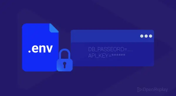 Icône de fichier .env avec un cadenas, symbolisant la sécurité des données. Le panneau affiche des informations sensibles comme DB_PASSEORD et API_KEY.