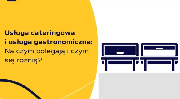 Grafika porównuje usługę cateringową i gastronomiczną, przedstawiając stół z naczyniami do podgrzewania potraw.