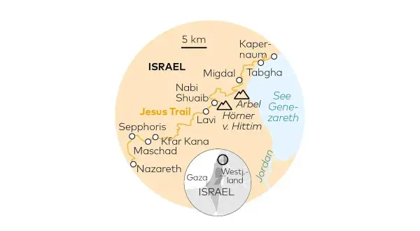 Karte des Jesus Trails in Israel, einem wichtigen Wallfahrtsort. Zeigt Nazareth, See Genezareth, Kapernaum.