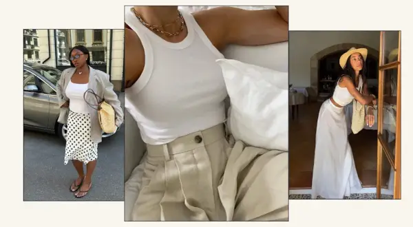 Tre kvinnor visar upp sina vita singlets i olika stilar: en med kavaj och prickig kjol, en annan med beige byxor, och en tredje med vit maxikjol och stråhatt.