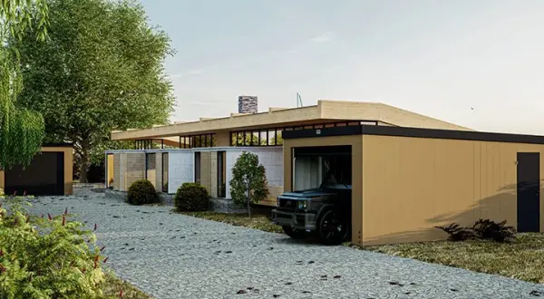 Nowoczesny garaż bez pozwolenia 70m2 z wjazdem na samochód i drzwiami bocznymi, otoczony zielenią i kamienistym podjazdem.