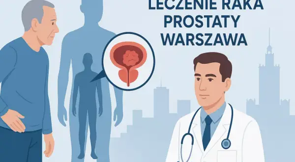Leczenie raka prostaty w Warszawie. Lekarz konsultuje pacjenta, któremu pokazano powiększony obraz gruczołu krokowego z guzem.