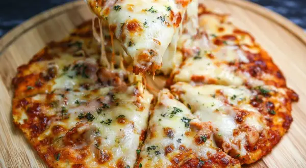 Pyszna pizza z tortilli z ciągnącym się serem i ziołami, podana na drewnianej desce.