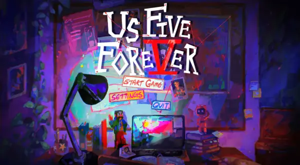 GOG darmowe gry: "Us Five Forever" – menu gry z opcjami "Start Game", "Settings", "Quit".