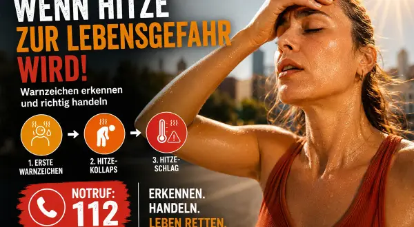 Eine Frau schwitzt am Kopf, erschöpft von der Hitze. Warnzeichen für Hitzschlag werden angezeigt. Notruf 112.