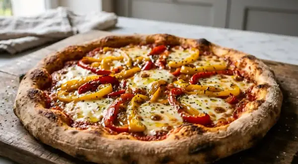 Une délicieuse pizza poivron rouge et jaune, garnie de mozzarella fondante et d'herbes, sur une planche en bois rustique.