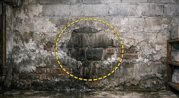 Evidente infiltrazione acqua muro con macchie scure e umidità che cola sui mattoni. La zona è evidenziata da un cerchio giallo tratteggiato.
