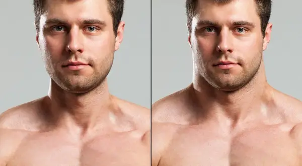 Split image shows a man's face and upper chest. The left side shows a less defined neck, while the right side, after neck training, displays a more muscular and sculpted appearance.