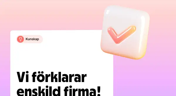 En vit ruta med texten "Kunskap" och "Vi förklarar enskild firma!" bredvid en 3D-ikon av en bock.