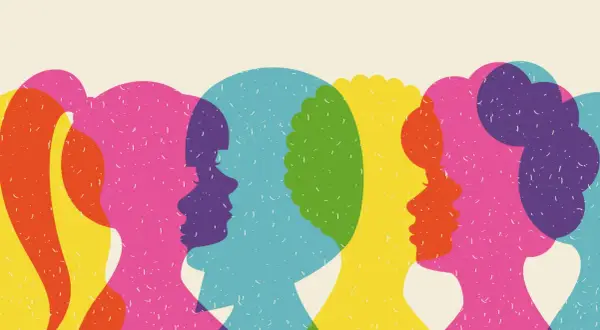 Kleurrijke silhouetten van hoofden, overlappend en in gesprek. Een subtiele hint van manipulatief gedrag in de interactie.