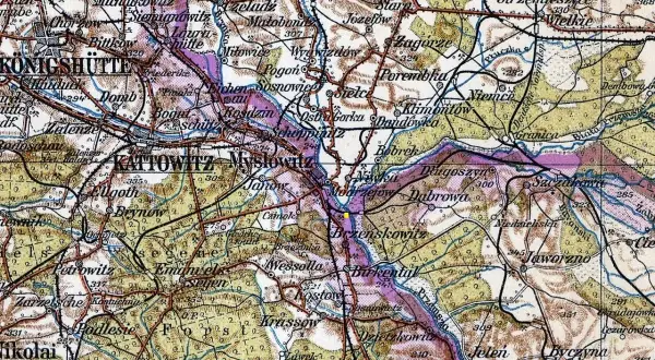 Mapa przedstawia obszar z zaznaczoną granicą 3 państw, z widocznymi miastami jak Katowice, Mysłowice i Jaworzno.