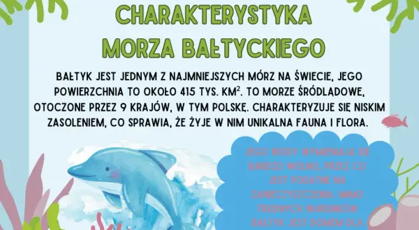 Ilustracja na światowy dzień morza: delfin pływa w Bałtyku, morzu z unikalną fauną i florą, otoczonym przez 9 krajów.