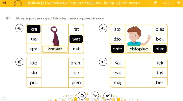Ćwiczenia do druku: percepcja słuchowa. Dopasuj sylaby do obrazków i słów, np. "krawat" i "chłopiec".