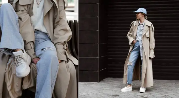 Jak się ładnie ubrać? Beżowy trencz, jasne jeansy z dziurami i białe sneakersy to stylowy zestaw na co dzień.
