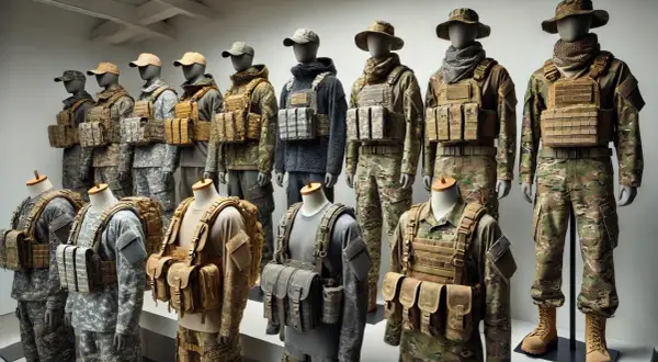 Maniquíes exhiben diversos tipos de camuflaje militar, desde patrones digitales hasta diseños de bosque, con chalecos tácticos y equipo.