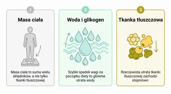 Ilustracja pokazuje reakcję organizmu na odchudzanie: masa ciała, utrata wody i glikogenu, a potem stopniowa utrata tkanki tłuszczowej.