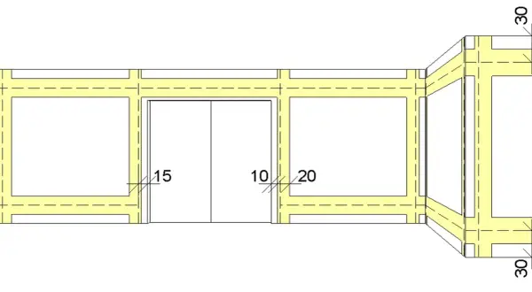 Schematische Darstellung, wie verlaufen stromleitungen in der wand. Gelbe Linien zeigen die Leitungswege, weiße Flächen sind Wände.