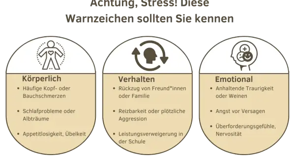 Warnzeichen für Stress: Körperliche Beschwerden, Verhaltensänderungen wie Leistungsverweigerung in der Schule, und emotionale Probleme wie Versagensangst.