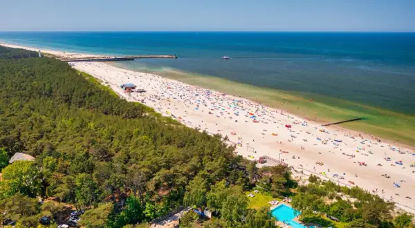 Słoneczne plaże w Polsce tętnią życiem. Tłumy plażowiczów, zielony las i błękitne morze tworzą wakacyjny krajobraz.