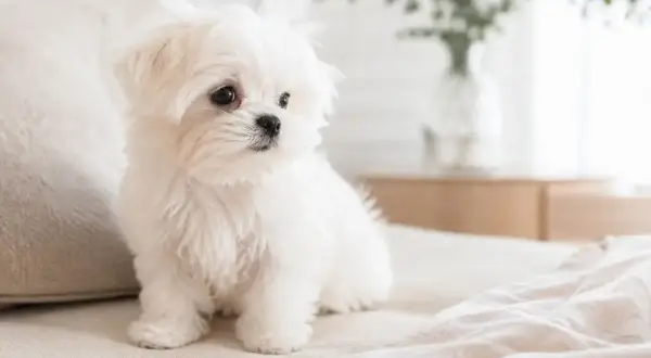 Adorable cachorro de raza de perro bichón maltés, con su pelaje blanco y esponjoso, sentado en una cama.