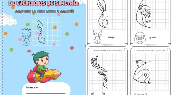 Cuadernillo de ejercicios de simetría con dibujos de animales para completar y colorear: conejo, gorila, venado y mapache.
