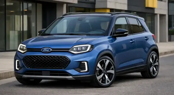Niebieski Ford z nowoczesnymi światłami LED i czarnym dachem, jeden z nowych ford modele, stoi na ulicy.