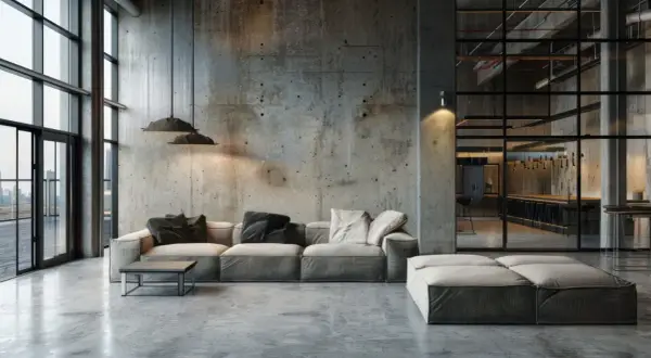 Nowoczesny, **soft loft** z betonowymi ścianami, dużymi oknami i wygodną sofą. W tle widać kuchnię z barem.