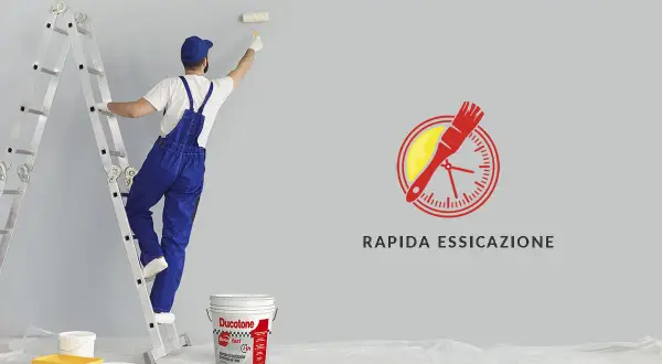 Pittore su scala che usa un rullo. Logo con pennello e orologio indica quanto ci mette la pittura ad asciugare: rapida essiccazione.