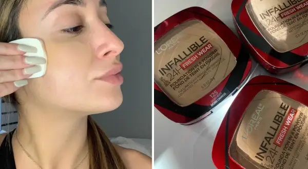 Kobieta aplikuje puder L'Oréal Infallible 125 Ivory Buff. Na zdjęciu widać też opakowania tego kosmetyku.