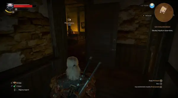 Geralt wchodzi do starego domu, gdzie czeka go sen w wielkim mieście. W środku Sara, a na ekranie cel misji.