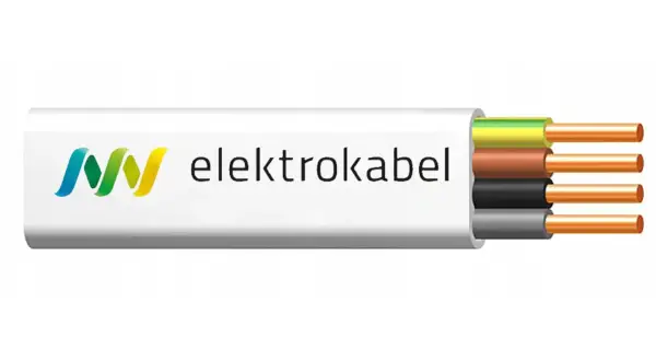 Przekrój kabla elektrycznego marki Elektrokabel z trzema żyłami: żółto-zieloną, brązową i czarną.