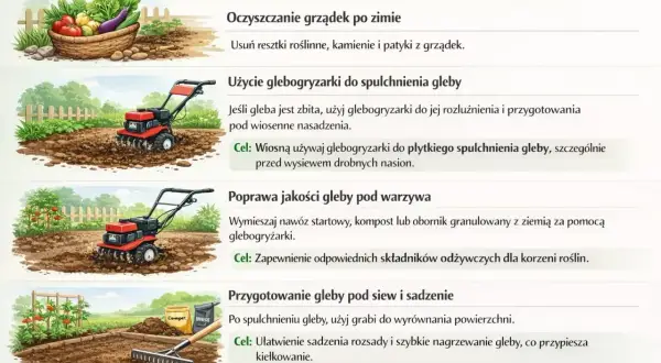 Glebogryzarka spulchnia i przygotowuje glebę pod wiosenne nasadzenia, poprawia jej jakość, mieszając nawozy, co ułatwia sadzenie i przyspiesza kiełkowanie.