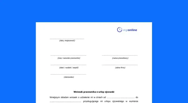 Wniosek o urlop ojcowski, czyli okolicznościowy urlop z powodu urodzenia dziecka. Formularz do wypełnienia przez pracownika.