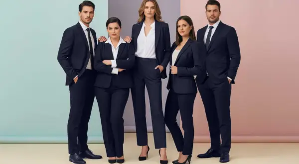 Cinque professionisti in abiti blu scuro dal taglio slim, pronti per il successo.