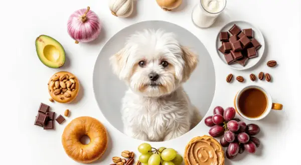 Un bichón maltés mira rodeado de alimentos prohibidos para perros: chocolate, uvas, aguacate, ajo, cebolla, café y lácteos.