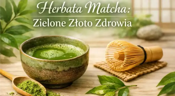 Miska z zieloną herbatą matcha, drewniana łyżka z proszkiem matcha i bambusowa miotełka chasen.