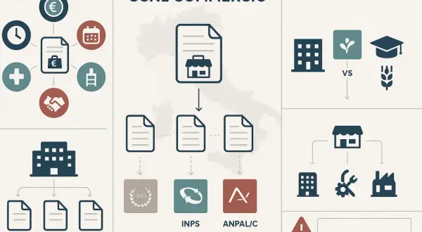 Schema sul CCNL Commercio: contratti, orari, ferie, permessi, e accordi per le pause di lavoro.