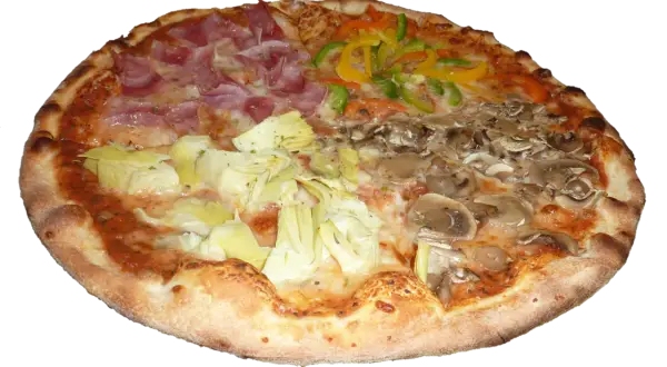 Pizza capricciosa z szynką, karczochami, pieczarkami i papryką.
