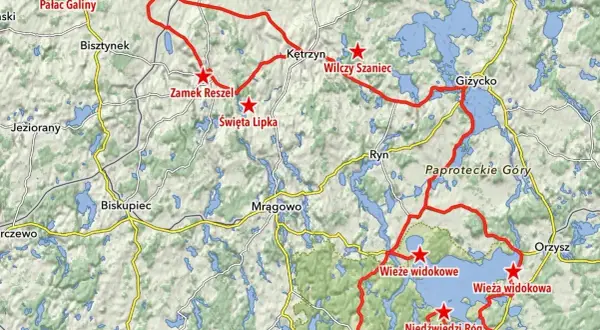 Mapa Mazur z zaznaczonymi trasami motocyklowymi i atrakcjami turystycznymi.