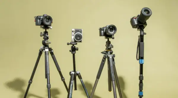 Four cameras on tripods, showcasing options for how to choose a tripod for your photography needs.