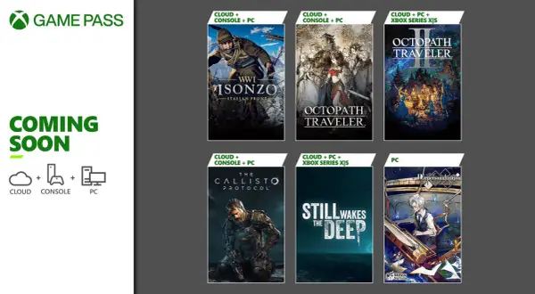 Okładki gier Game Pass: WWI Isonzo, Octopath Traveler, The Callisto Protocol, Still Wakes the Deep, Octopath Traveler II, Depersonalization.