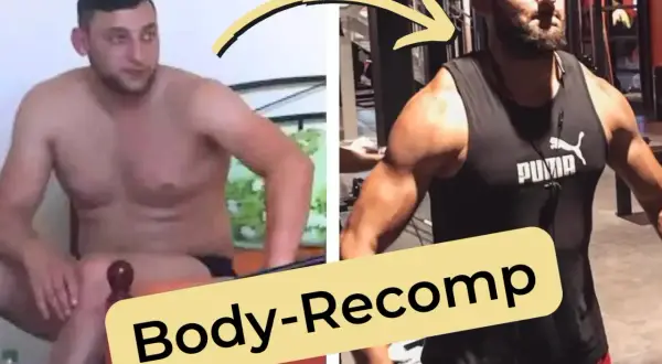 Mann mit Body-Recomp: Vorher unsportlich, nachher muskulös. Zeigt, dass man Fett in Muskeln umwandeln kann.