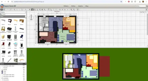 Program do projektowania domu Sweet Home 3D pokazuje rzut piętra z meblami i widok 3D.
