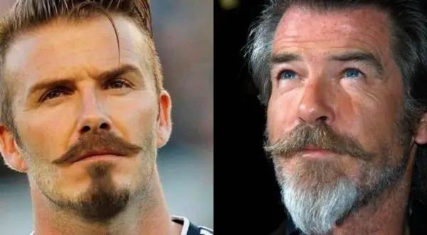 David Beckham et Pierce Brosnan arborent un style van dyke barbe, un classique intemporel.